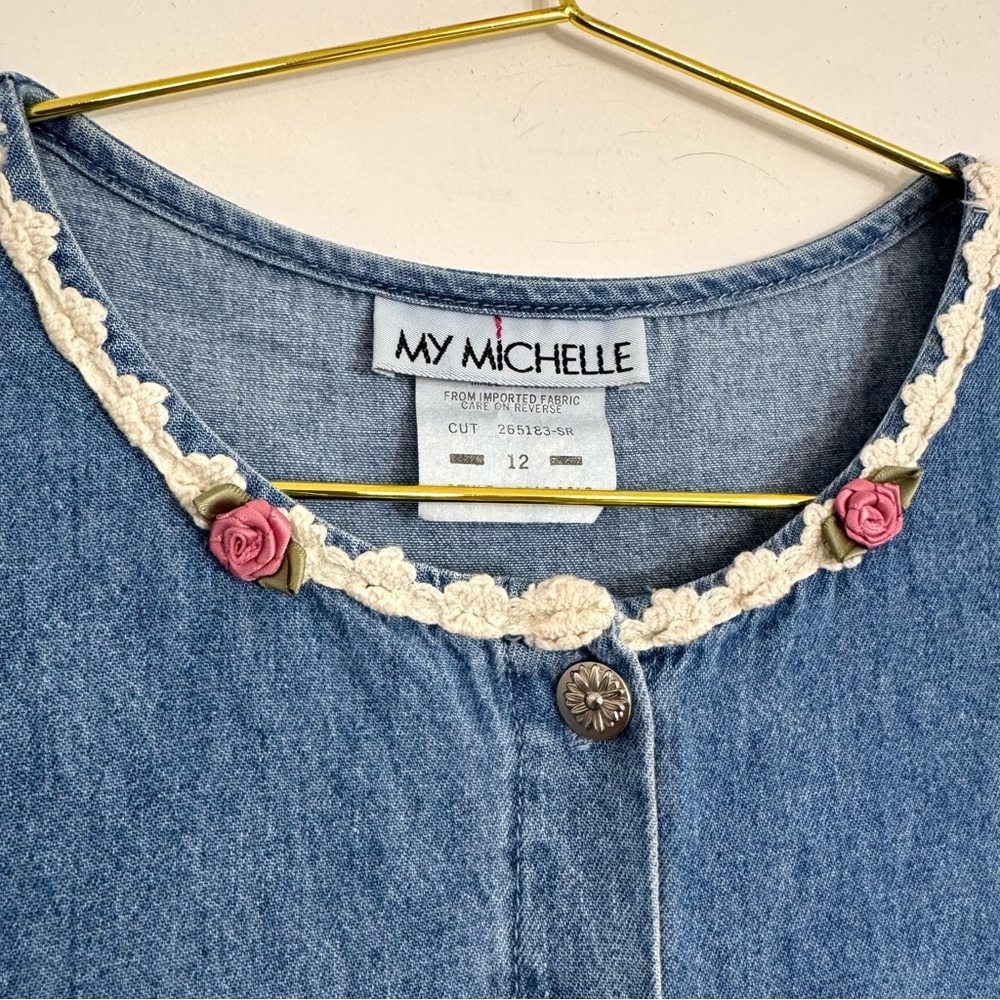 SOLDMy Michelle Vintage Blue Denim Modest Prairie Midi Button Down Dress Floral - Picture 6 of 9